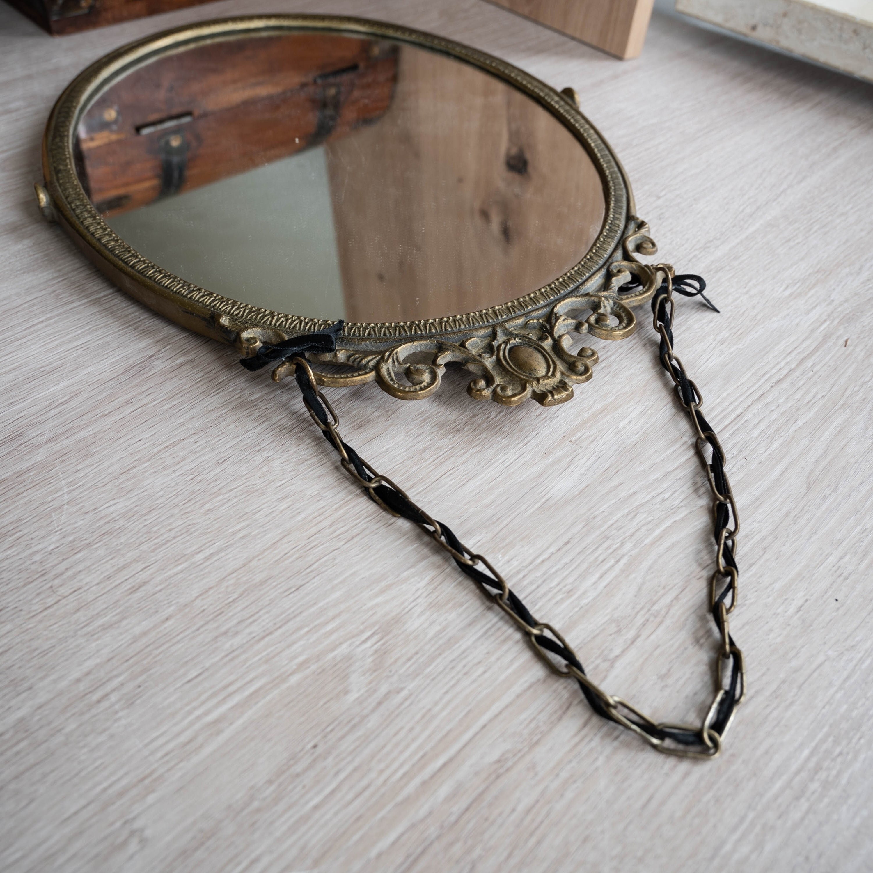 Vintage ornate oval wall mirror Brass eclectic boho mirror Victorian room decor Hanging mirror with chain and bows Birthday gift for wife