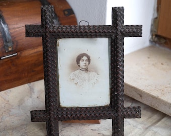 Tramp art frame Antique folk art Carved wood picture frame Victorian rustic wall art