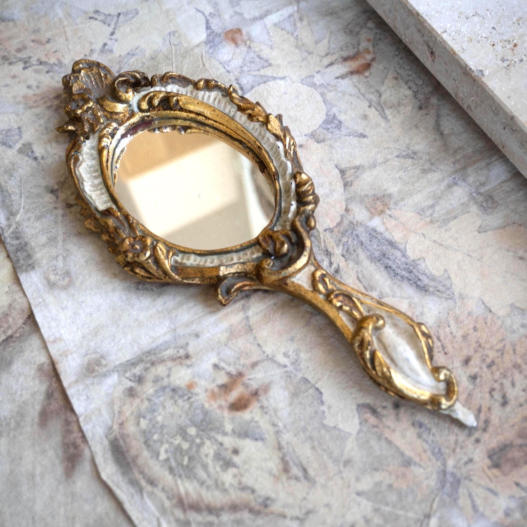 Antique Ornate Hand Mirror Gold Floral Wood Handheld Mirror Italian ...