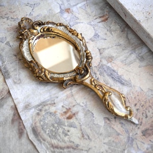 Antique Ornate Florentine Hand Mirror, Gold Floral Vanity Decor