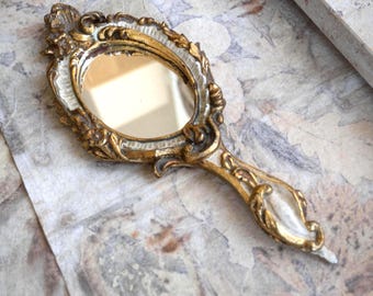 Antique Ornate Florentine Hand Mirror, Gold Floral Vanity Decor