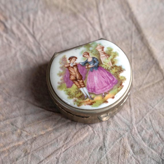 Porcelain Pill Box Vintage Metal Pill Holder Tiny Enamel Trinket