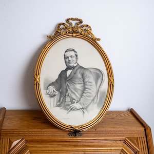 Antique top bow gold photo frame with Victorian portrait - Large oval wood picture frame Louis XVI style decor Anniversary housewarming gift