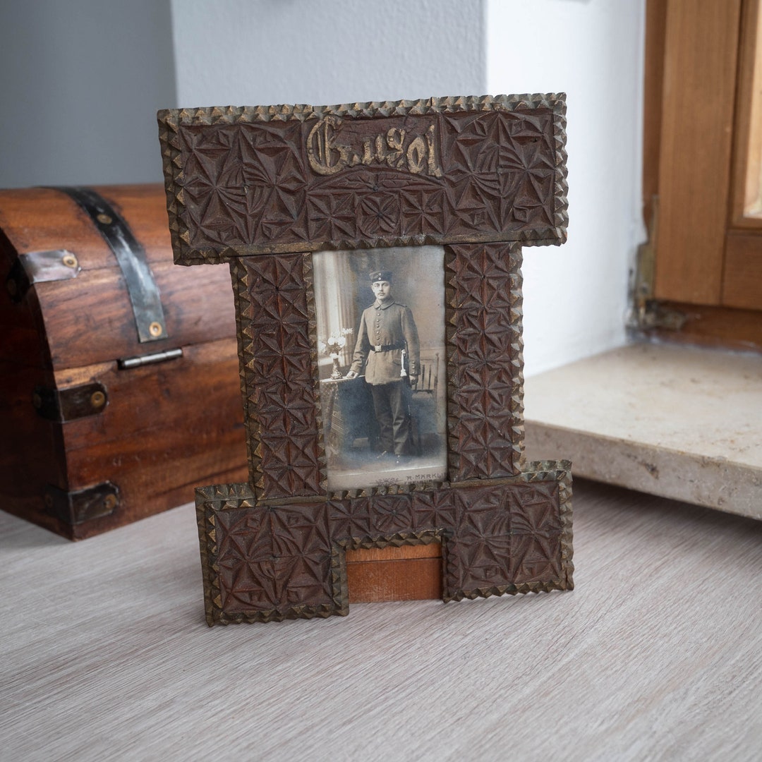 Local German Photo Frame Antique German Tramp Art Frame With Military Portrait - Сarved Wood ...