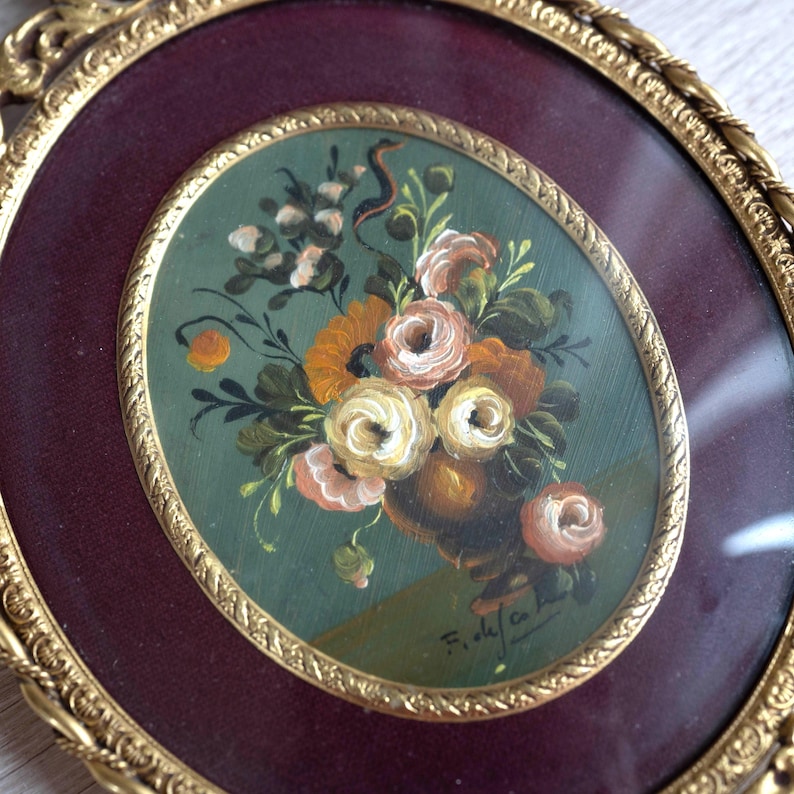 Miniature Floral Painting in Gold Oval Frame - Vintage Victorian ...