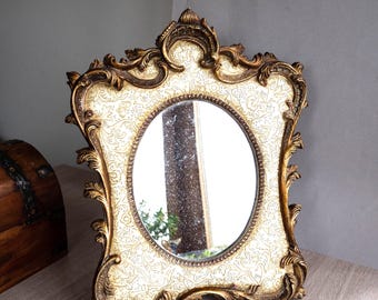 Baroque Oval Vanity Mirror, Ornate Gilt Frame, Rococo Floral Scroll Tabletop Decor