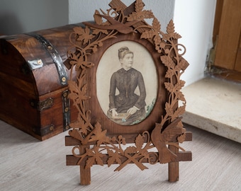 Antique Carved Wood Floral Picture Frame, Vintage Ornate Filigree Swallow Dove Photo Frame