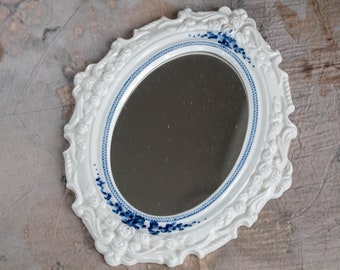 White Blue Ceramic Oval Mirror, Floral Delft Wall Art, Grandmillennial Boho Decor
