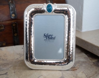 Vintage Silver Plated Ornate Beaded Blue Stone Photo Frame, Ornate Rectangular Hammered Tabletop Decor