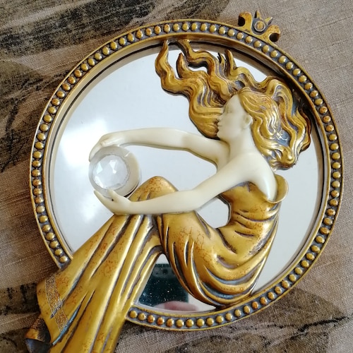 Art nouveau hand mirror with handle Ornate brass handheld
