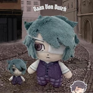 May include: A plush toy of Daan Von Dutch from Fear and Hunger: Termina, featuring teal hair, a white eye patch, a purple vest, and plaid pants. The plush measures 4 inches and includes a ball chain attachment, accompanied by a character sticker.