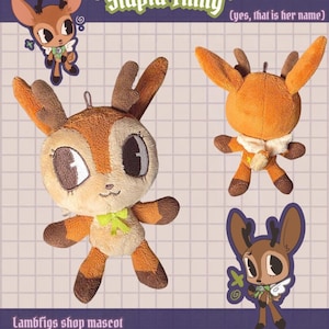 May include: A 15.24 cm plush toy of a deer character named Stupid Thing, featuring brown minky fur, large dark eyes, antlers, a light green bow, and a silver bell attachment. The design includes a back view and two illustrated character art versions.