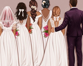 May include: A wedding illustration featuring a bride and groom with five bridesmaids. The bride and bridesmaids are wearing white dresses with lace details. The groom is wearing a purple suit. The bridesmaids are holding bouquets of pink flowers. The illustration is titled "Our Special Day" and includes the text "16 PNG Illustrations".