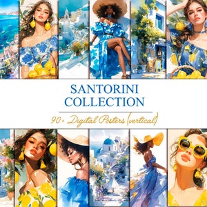 May include: A digital collage of nine images featuring women in blue and white dresses with lemons and a whitewashed village in the background. The text "SANTORINI COLLECTION 90+ Digital Posters (vertical)" is at the bottom of the collage.