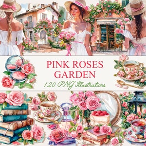 Aquarela Pink Rose Garden Clipart PNG, Cottagecore clipart, Summer Clipart, Boho Planner Girl Clipart, Shabby Chic Floral Junk Journal Kit