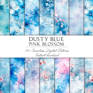 Watercolor Floral Seamless Pattern Digital Scrapbook Paper, Shabby Chic Roses, Blue Vintage Floral Pattern,Wildflower Junk Journal Paper PNG