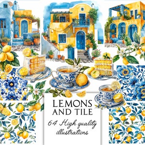Aquarell Zitrone Clipart, Mittelmeer Fliesen Musterdesign, Sommer Clipart, Oliven Clipart, Zitronenkranz, blau weiße Fliesen, Hochzeit Clipart