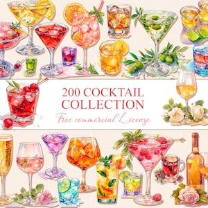 Aquarel cocktail clipart, aquarel handtekening drankje menu, afdrukbare barmenu, Mojito illustraties, drank clipart PNG Mega bundel
