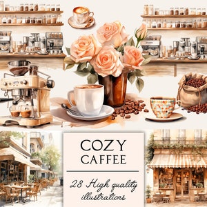 Bundle di clipart per amanti del caffè dell’acquerello, clipart di bevande al caffè, barista, caffetteria, latte macchiato, tazza di cappuccino, PNG caffè, uso commerciale