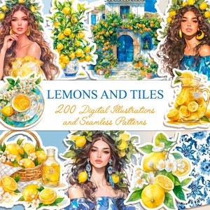 Clipart acquerello limone, modello senza cuciture piastrelle mediterranee, clipart estate, clipart Santorini, PNG limone, piastrella bianca blu, clipart matrimonio