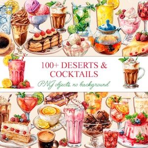 Clipart de coquetel em aquarela, menu de bebidas exclusivas em aquarela, clipart de sobremesas, ilustrações de mojito, café PNG, clipart de donuts, sorvete