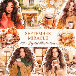Paquete de imágenes prediseñadas de café en acuarela, imágenes prediseñadas de otoño, niña con café, imágenes prediseñadas de otoño, otoño acogedor, imágenes prediseñadas de planificador acogedor, planificador bohemio, otoño bohemio.