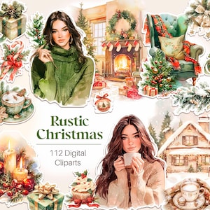 Clipart invernale accogliente, bundle invernale neutro ad acquerello, baita invernale, intimità, PNG di tenerezza, cottagecore, adesivi stagionali, scrapbooking