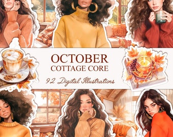 Watercolor Autumn Clipart Bundle, Fall Clipart, Girl with Coffee,Cozy Autumn PNG, Cozy Fall, Cozy Planner Clipart,Boho Planner, Boho Autumn
