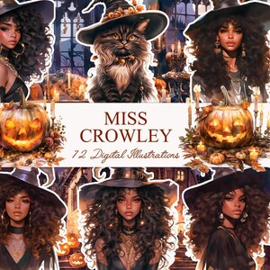 PNG d'Halloween, Halloween aquarelle, femme noire PNG, Clipart de sorcières fille noire, sorcière PNG, Clipart citrouille, Junk Journal, Scrapbooking