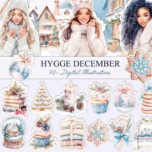 Clipart de invierno acogedor, paquete de invierno neutro en acuarela, cabaña de invierno, comodidad, ternura PNG, Cottagecore, pegatinas de temporada, álbum de recortes