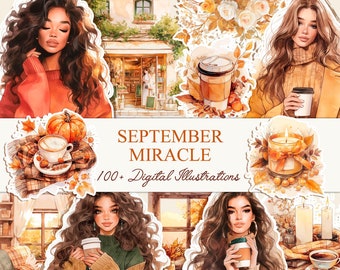 Puede incluir: Un conjunto de ilustraciones digitales llamado "September Miracle" con más de 100 ilustraciones. Las ilustraciones presentan elementos de otoño como calabazas, hojas, velas y tazas de café. También hay ilustraciones de mujeres con cabello largo y castaño que visten suéteres y sostienen tazas de café.