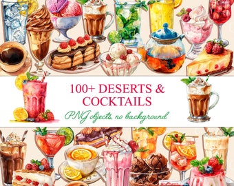 May include: A collection of watercolor illustrations of desserts and cocktails. The illustrations include a variety of sweet treats, such as cakes, pastries, ice cream, and chocolate, as well as refreshing drinks, such as cocktails, smoothies, and iced tea. The illustrations are all in a bright and colorful style, and they are perfect for use in a variety of projects, such as websites, social media, and print materials.