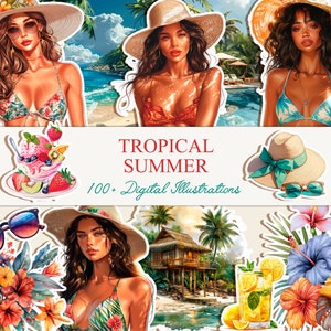 Clipart été aquarelle, clipart plage, clipart été, lot, numérique, vie marine, png, vacances, vacances, clipart tropical, cocktails