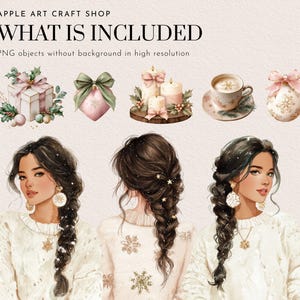 May include: Watercolor digital art featuring holiday elements and three women with long, dark braided hair. The image includes a gift box, ornaments, candles, a cup of coffee, and the text "WHAT IS INCLUDED".