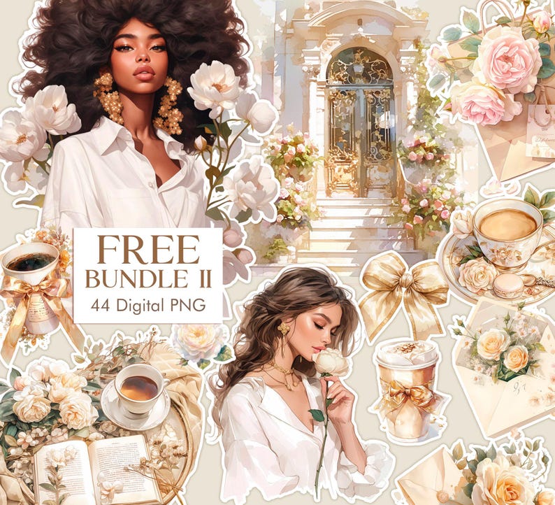 May include: A digital sticker pack with 44 images featuring a woman in a white shirt, a woman smelling a white rose, a cup of coffee, a book, a bouquet of white roses, and a golden door with white steps. The text "FREE BUNDLE II 44 Digital PNG" is included in the image.
