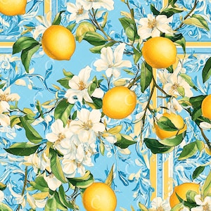 May include: A repeating pattern of yellow lemons, white flowers, and green foliage on a light blue backdrop. The design incorporates ornate blue and yellow vertical stripes, offering a fresh, summery feel.