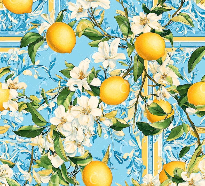 May include: A repeating pattern of yellow lemons, white flowers, and green foliage on a light blue backdrop. The design incorporates ornate blue and yellow vertical stripes, offering a fresh, summery feel.