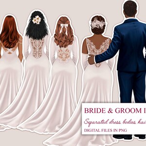 May include: Bride and groom digital illustration with separated dress, bodies, and hair. The bride is wearing a white lace wedding dress with a floral hairpiece. The groom is wearing a dark blue suit. The text "Bride & Groom III Separated dress, bodies, hair DIGITAL FILES IN PNG" is at the bottom of the image.