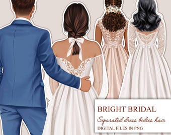 May include: A digital illustration of a bride and groom in wedding attire. The bride is wearing a white lace wedding dress with a long veil. The groom is wearing a blue suit. The image is labeled "BRIGHT BRIDAL Separated dress, bodies, hair DIGITAL FILES IN PNG".