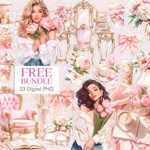 Aquarell Glam-Planer, Morgen Routine Clipart, Self Care Clipart, Digitaler Aufkleber, Pink Clipart, Kaffee Clipart PNG, Kokette Clipart PNG