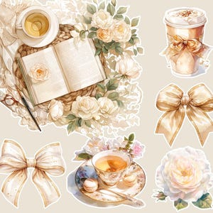May include: A digital illustration of a floral arrangement with white roses, a cup of tea, a book, and a bow. The illustration is in a watercolor style with soft colors and delicate details.