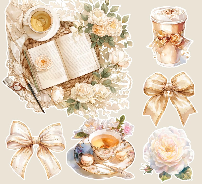 May include: A digital illustration of a floral arrangement with white roses, a cup of tea, a book, and a bow. The illustration is in a watercolor style with soft colors and delicate details.