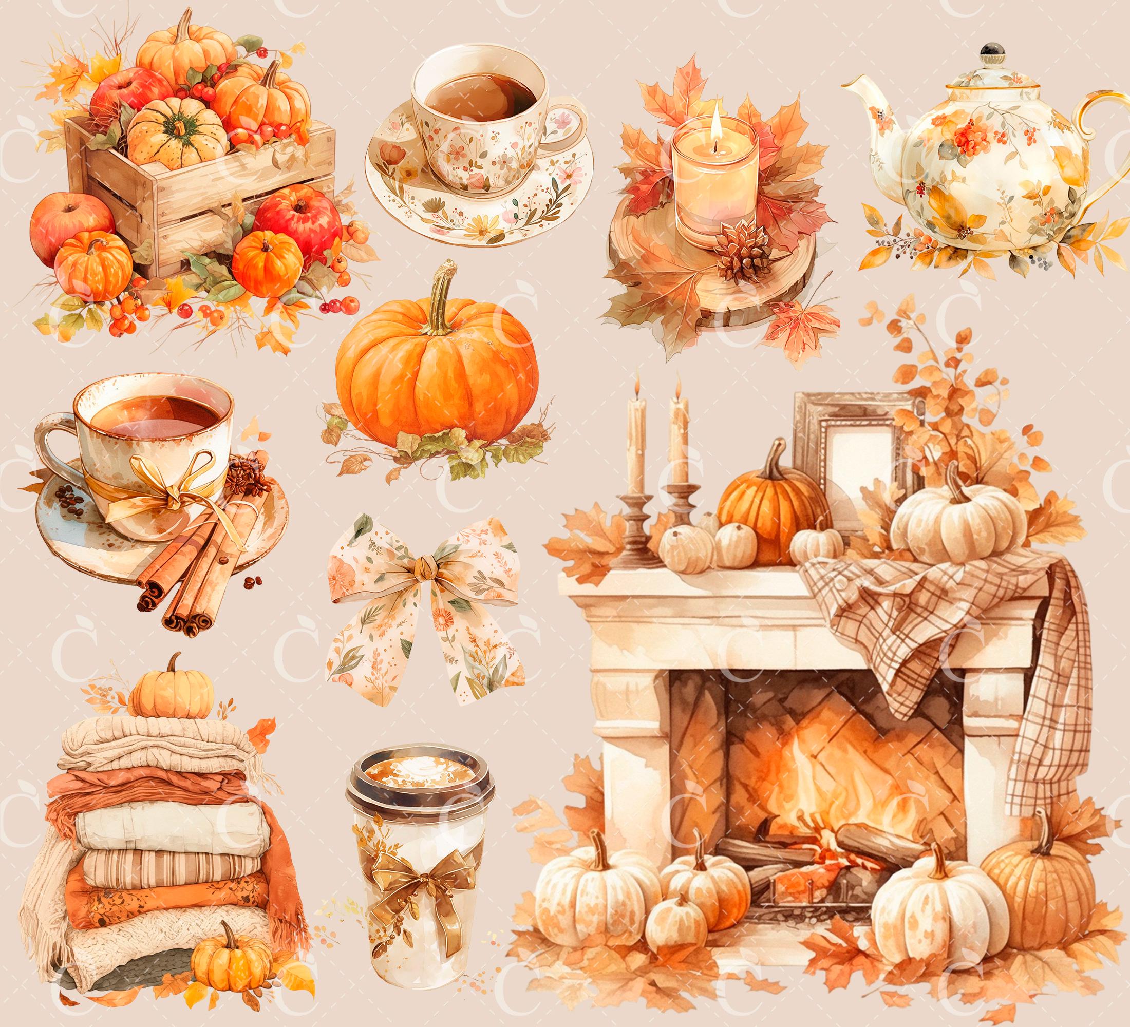 Watercolor Fall Clipart Bundle: Cozy Autumn PNG Graphics (digital ...