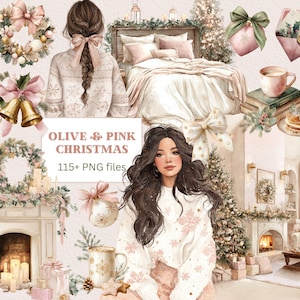 May include: Watercolor illustration with a Christmas theme. The image features a woman, a bed, a Christmas tree, and other holiday decorations in shades of pink, olive, and gold. The text "OLIVE & PINK CHRISTMAS" is displayed.