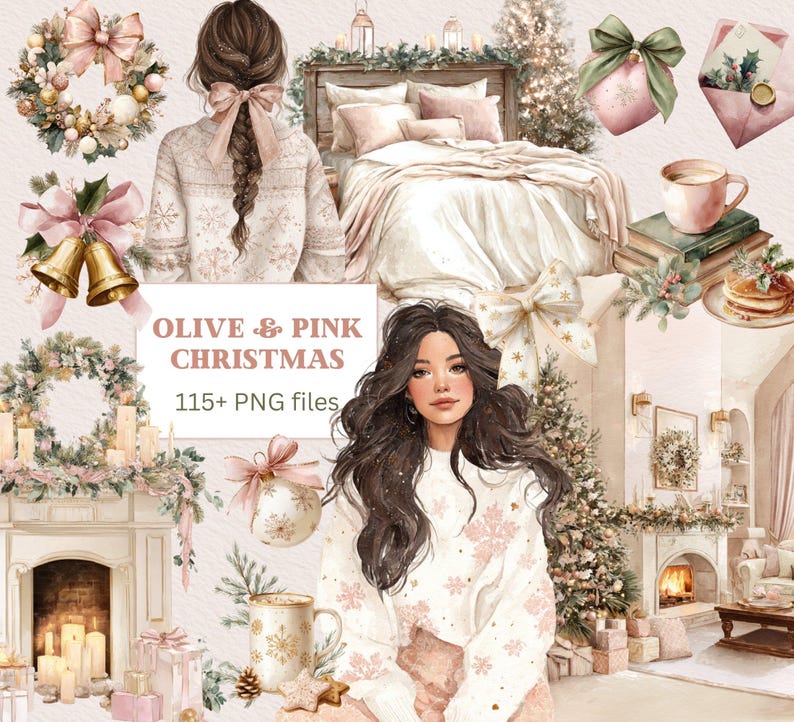 May include: Watercolor illustration with a Christmas theme. The image features a woman, a bed, a Christmas tree, and other holiday decorations in shades of pink, olive, and gold. The text "OLIVE & PINK CHRISTMAS" is displayed.