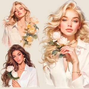 May include: Three women with long, flowing hair are wearing white shirts and delicate jewelry. Each woman is holding a bouquet of white flowers. The flowers are in focus, while the women's faces are slightly blurred.