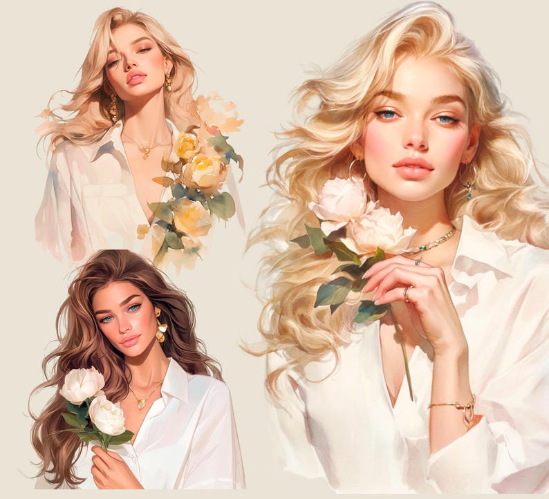 May include: Three women with long, flowing hair are wearing white shirts and delicate jewelry. Each woman is holding a bouquet of white flowers. The flowers are in focus, while the women's faces are slightly blurred.