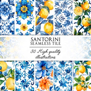 Santorini Griechenland Clipart, Mittelmeer Aquarell Clipart Bundle, Aquarell Zitronen, Nahtlose Fliese, Mittelmeer Fliese Musterdesign PNG