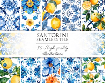 Imágenes prediseñadas de Santorini Grecia, paquete de imágenes prediseñadas de acuarela mediterránea, limones de acuarela, azulejos sin costuras, patrón sin costuras de azulejos mediterráneos PNG