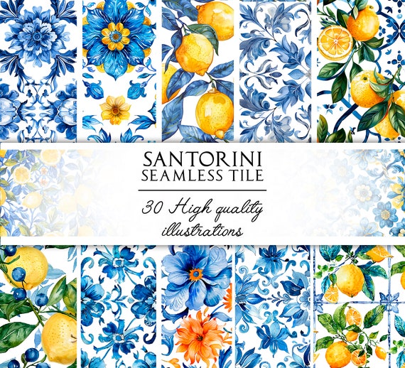 Santorini Greece clipart, Mediterranean Watercolor Clipart Bundle,Watercolor Lemons, Seamless Tile, Mediterranean Tile Seamless Pattern PNG